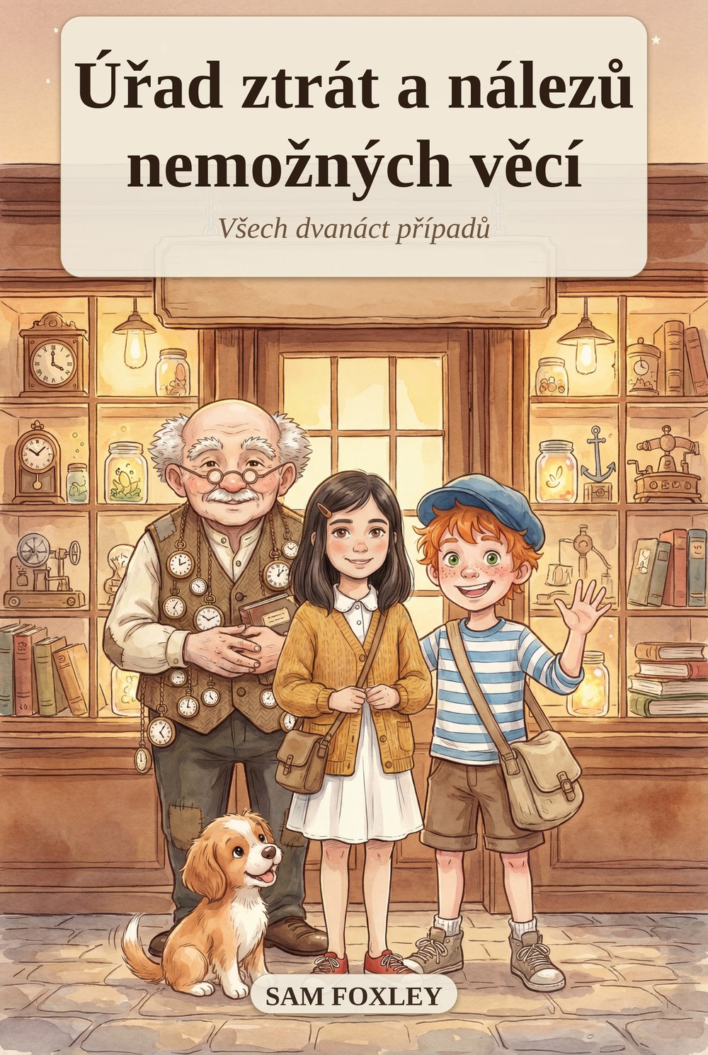 The Bureau of Lost Impossible Things — a thick illustrated hardcover: an old archivist with pocket watches, two children and a dog inside a cozy lost-and-found shop.