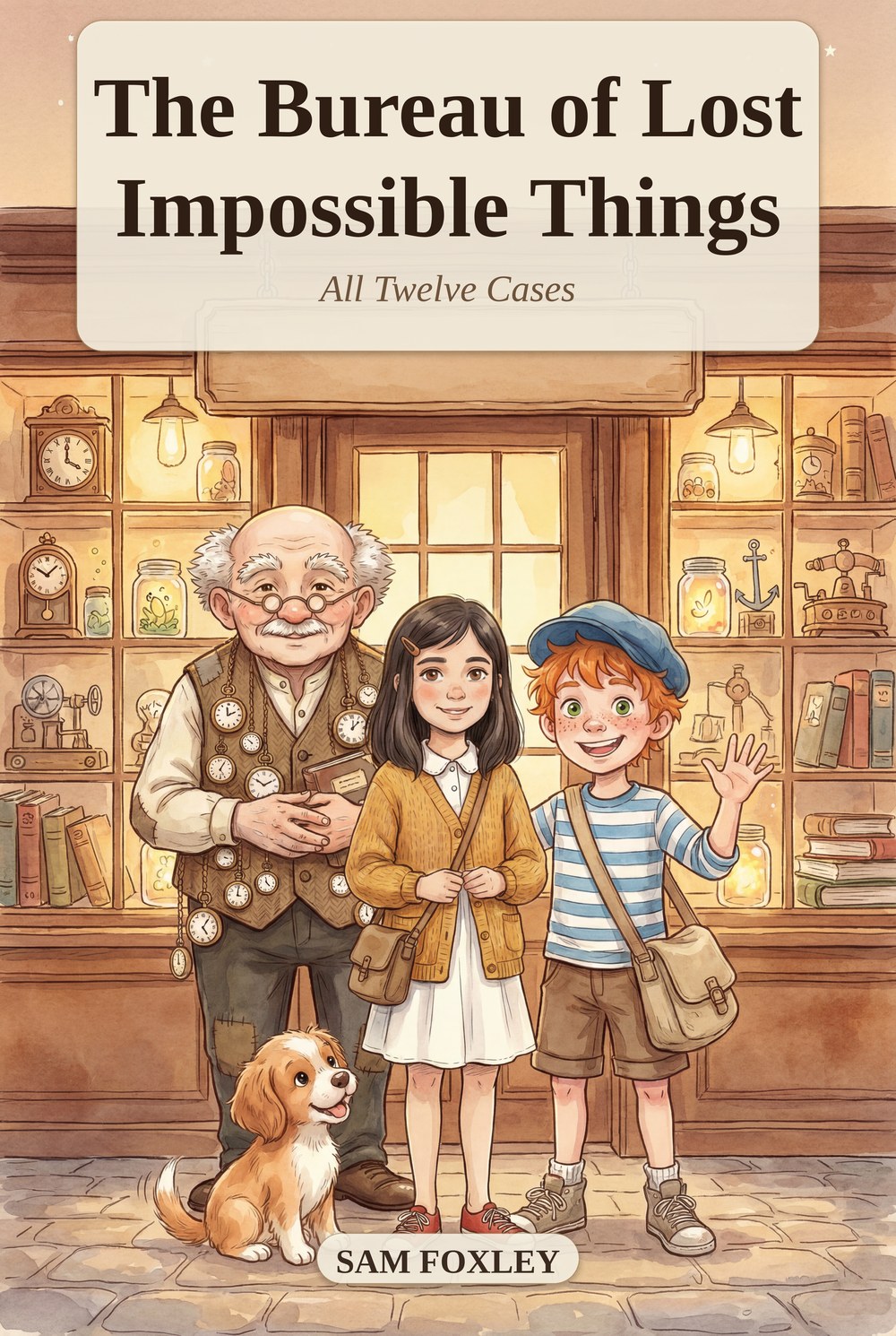 The Bureau of Lost Impossible Things — a thick illustrated hardcover: an old archivist with pocket watches, two children and a dog inside a cozy lost-and-found shop.