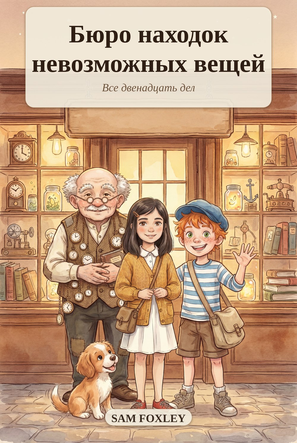 The Bureau of Lost Impossible Things — a thick illustrated hardcover: an old archivist with pocket watches, two children and a dog inside a cozy lost-and-found shop.